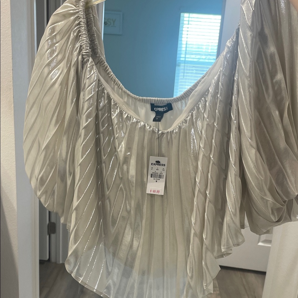 Express Metallic Pleated Off-Shoulder Blouse in Silver